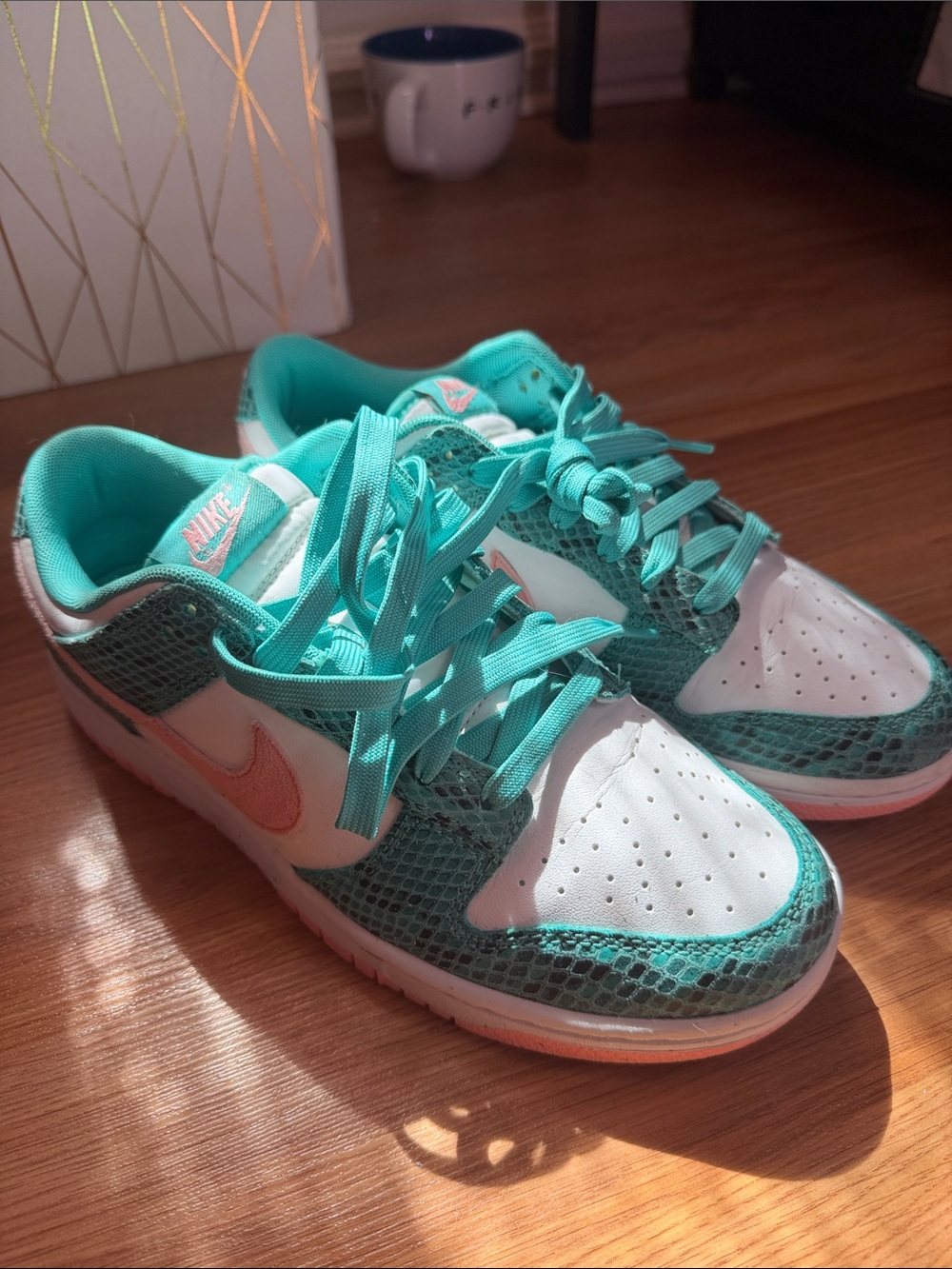 Nike Low Dunk Sneakers in Teal and Pink Snake Skin Accent